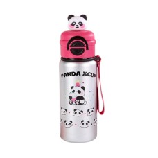 Παιδικό παγούρι-θερμός Panda με καλαμάκι - 500ml - 722344 - Fuchsia/Silver